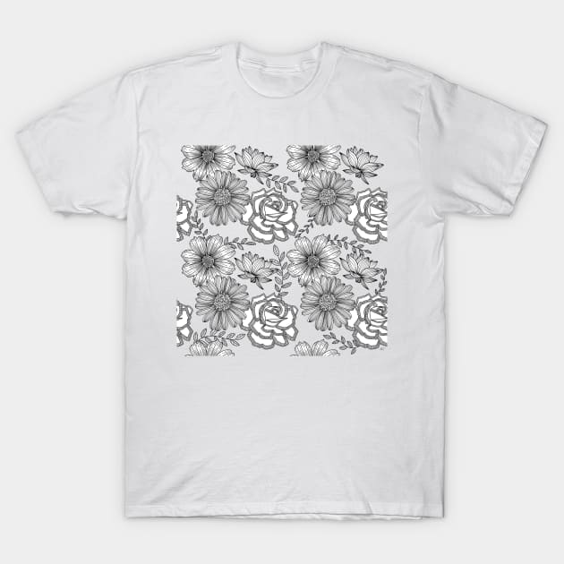 Flowers Line Art - Gray Blue T-Shirt by monitdesign